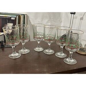 Arby's 1985 Christmas Collection Set of 6 Holly Stem Glasses Gold Trim 6.75 in.